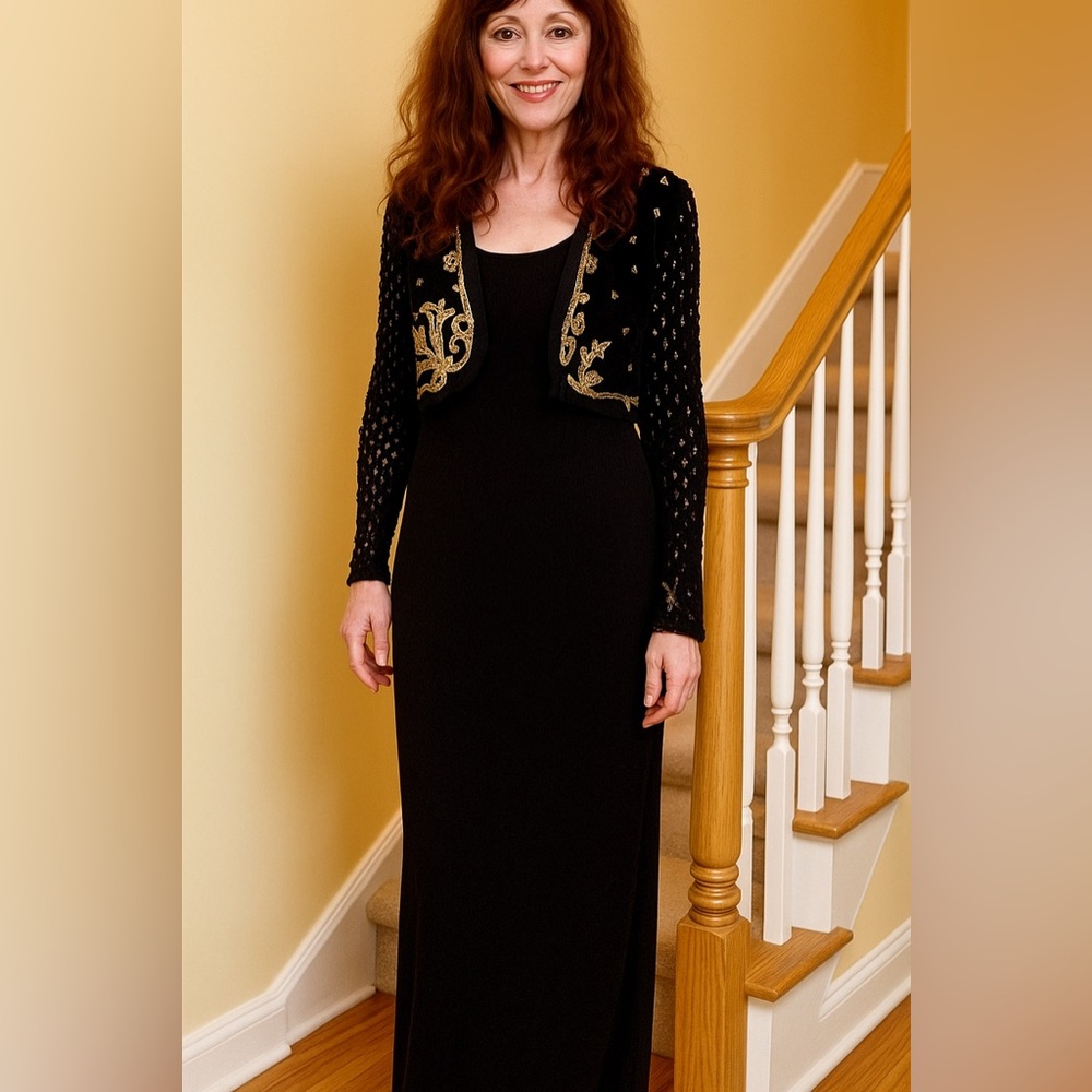 Carole Little Vintage Long Dress Embroidered Bolero Jacket Crochet Sleeves Boho